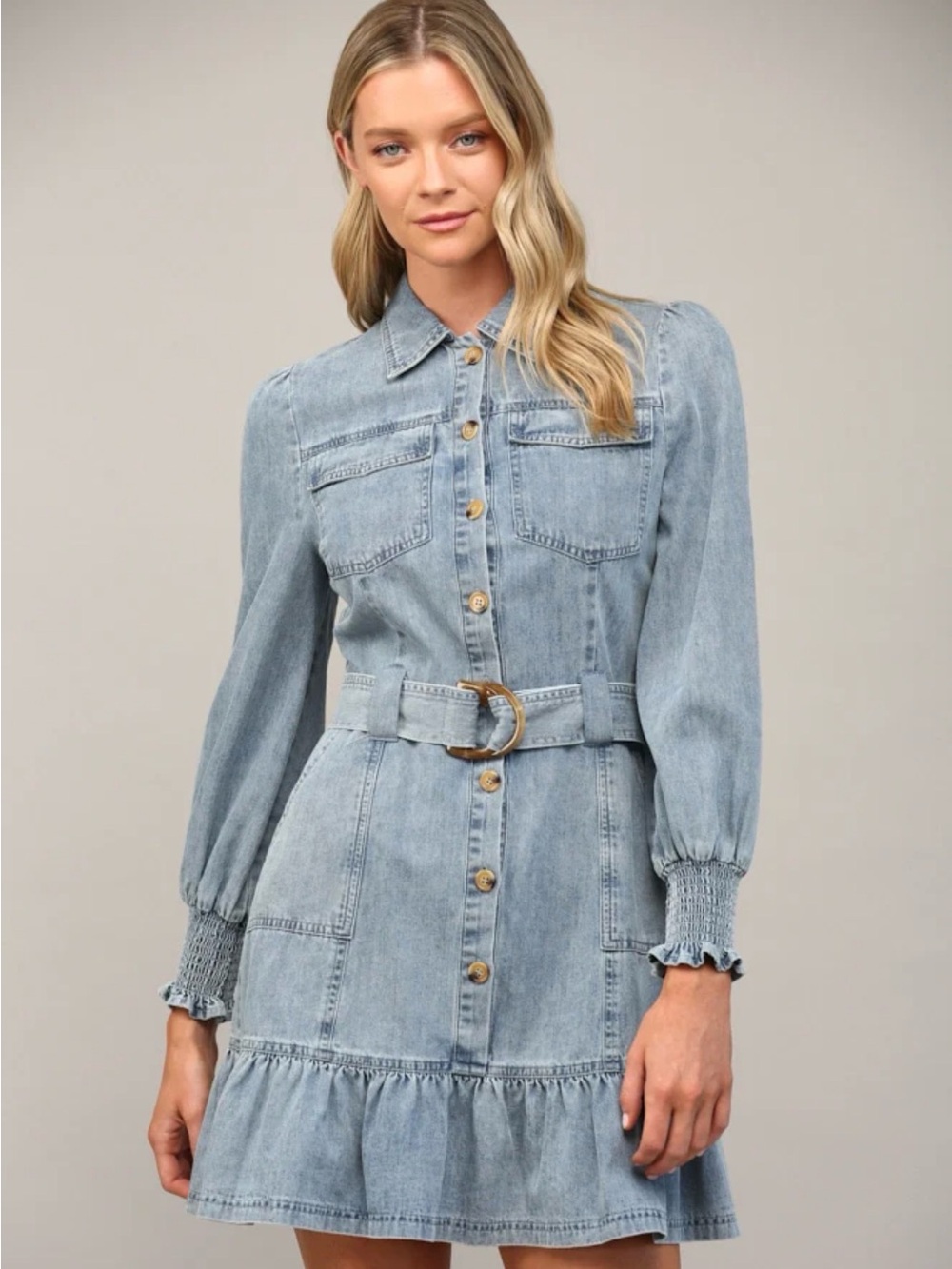 Fate denim mini dress belted puff sleeve western prairie cowgirl chic cotton